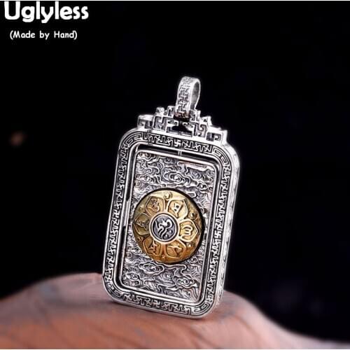 Uglyless Spinning Buddhistic Mantra Pendants for Men Rotating Geometric Round Square Pendant 925 Silver Thai Silver jewelry P827