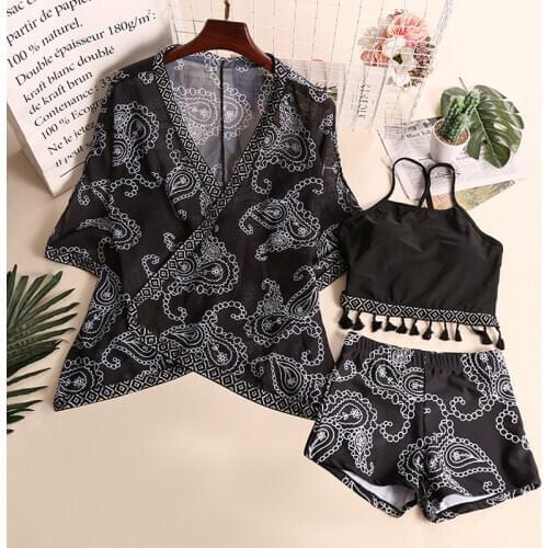 2020 Women Swimwear Retro Beach Wear Padded Sexy Bikinis Set Swimsuit Three Piece Biquinis Cover Up Summer Female Bathing Suit