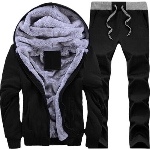 2021 Tracksuit Men Winter Thick Inner Fleece Sets Mens Hat Casual Active Suit Men Zipper Man Outwear 2PC Jacket+Pants