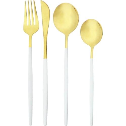 4Pcs White Gold Cutlery Set Stainless Steel Dinnerware Set Knife Fork Dessert Spoon Dinner Tableware Set Kitchen Silverware Set