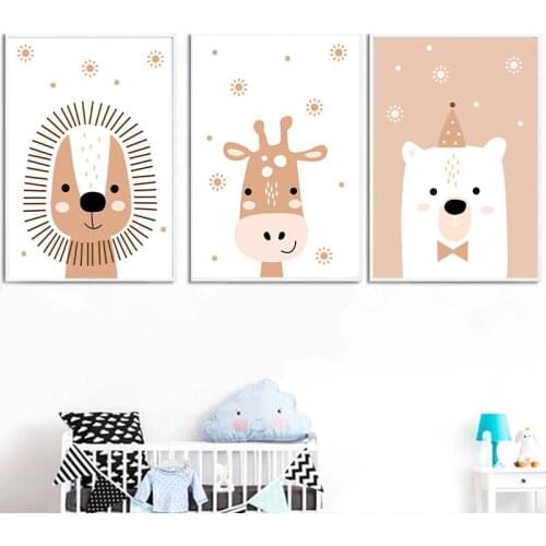Abstract Lion Deer White Bear Wall Art Poster Animal Print Snowflake Christmas Hat Canvas Painting Nordic Picture Kid Room Decor