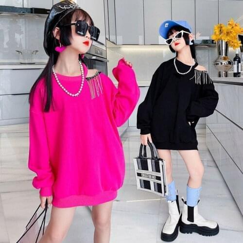 New Fashion Teen Girls Sweatshirt One Off Shoulder with Tassel Long Sleeve Cotton Spring Autumn Children Streetwear Clothes Tops