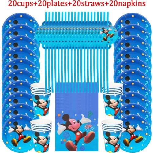 80Pcs Disney Mickey Mouse Disposable Tableware Kids Boys Birthday Party Decoration Paper Plate+Cup+Napkin+Straws Supplies