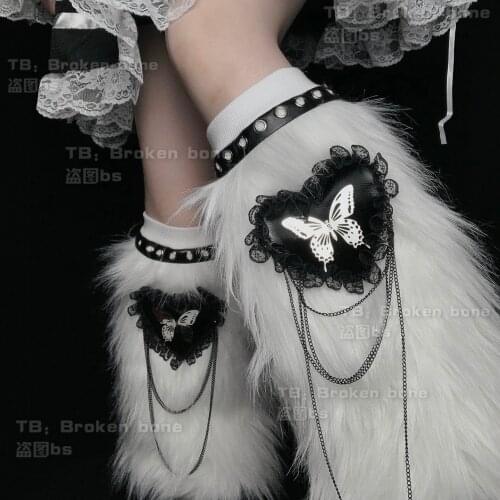 Original Design Punk Gothic Harajuku Japanese Girl White Hairy Fuzzy Butterfly Heart Embroidery Leg Warmer Kawaii Leg Sleeves