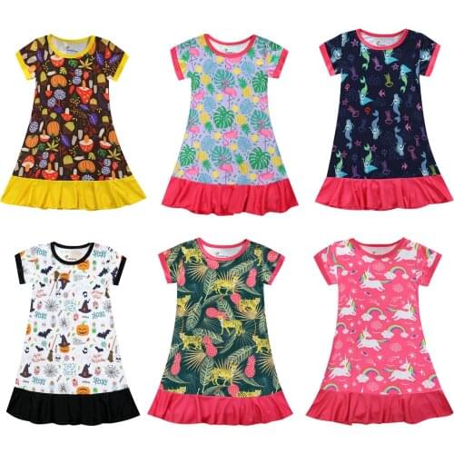3-10Y Child Girl Nightgown Summer Kid Girls Night Dress Pink Unicorn Nightdress Floral Sleep Dress Short Sleeve Princess Pajamas