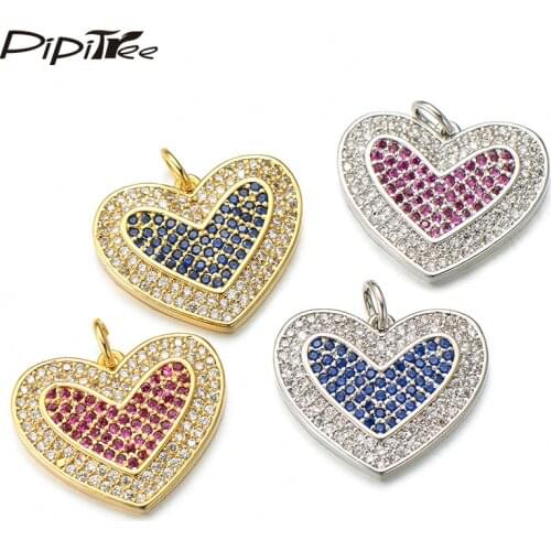 Pipitree Pull Micro Paved Blue Cubic Zirconia Double Heart Charms Pendant Necklace for Jewelry Making Copper Charms Connectors