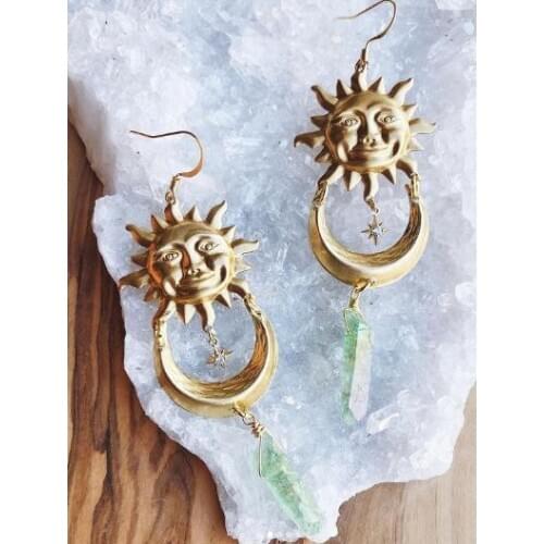 Handmade Dangle Drop Earrings Sun and Moon Charms.quartz Crystals. Gifts for Her