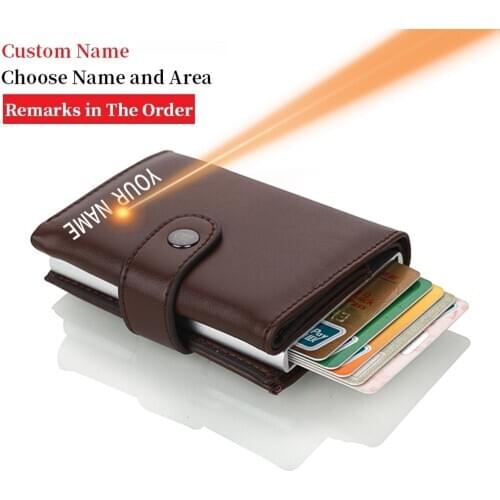 Custom name Metal Card Holder RFID Aluminium Credit Card Holder PU Leather Wallet Antitheft Men Automatic Pop Up RFID Wallet