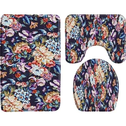Painted Plants And Flowers Bath Mat Bathroom Decor Non-Slip Floor Mats Toilet Cover Lid Rug Three Piece Set Bathroom Products