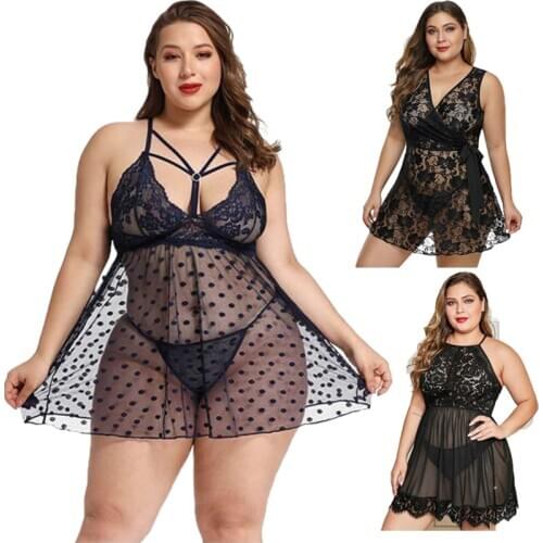 Sexy Sleepwear Sleepdress Plus Size Deep V Lace Lingerie Faux Silk Night Dress Women Spaghetti Strap Nightgown Mesh Robe Dress