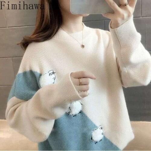 Fimihawa Cartoon Cute Sheep Pattern Sweater Winter Autumn Knitted Sweaters Japanese Kawaii Pullover Jumper Tops Streetwear Femme
