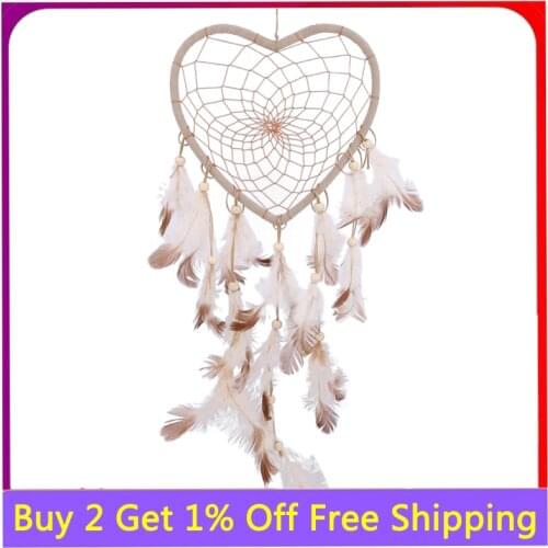 Fancy Dream Catcher String Hollow Hoop Heart Shape Pendant Feathers Handmade Night Light Wall Hanging Home Decor Gift