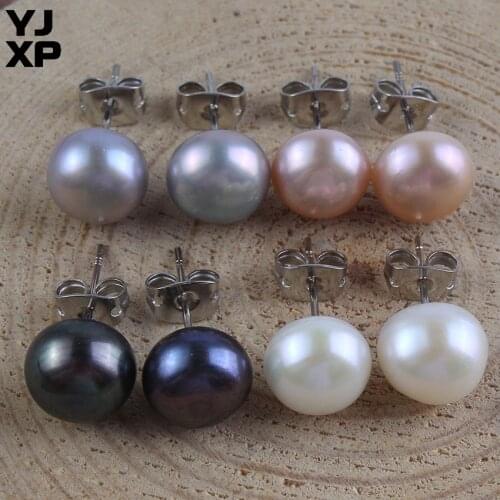 YJXP 9mm Bread Shaped Stud Earrings Freshwater Pearls Black/White/Pink/Grey Beads Women Girl Charms Earring Jewelry Making 1Pair