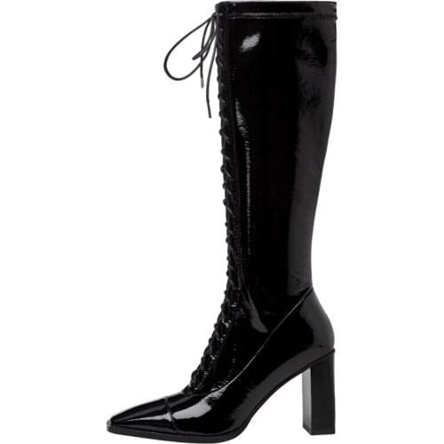 Dovereiss Fashion Womens Shoes Winter new Sexy Elegant Cross Lacing Square Head Chunky heels Knee high boots Concise Mature