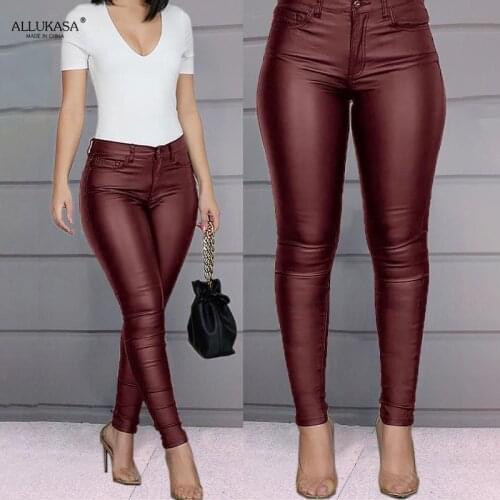 Allukasa Spring and Autumn Womens Pu Leather Pants Black Sexy Stretch Tights High Waist Long Casual Pencil 3XL Large Size Pants