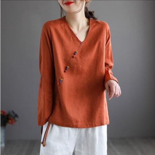 2021Spring Summer Shirts Women Chinese Style Solid Color Frog Buttons V-Neck Collar Drawstring Female Loose Wild Tops