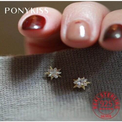 PONYKISS Real 925 Sterling Silver Plum Blossom Star Zircon 14K Gold Stud Earrings For Women Cute Fine Jewlry Gift Drop Shipping