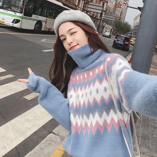 Women sweaters Pullover Turtleneck 2020 fashion new winter thickening jacquard loose imitated mink wool knitwear warm LXJ2024