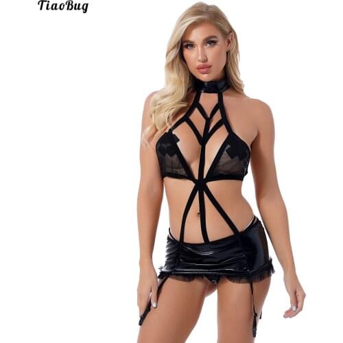 TiaoBug Women Patent Leather Lingerie Set Halter See-Through Mesh Hollow Out Bra Lace-Up Skirt With Garters G-String