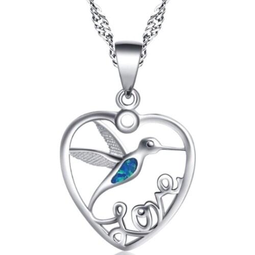 Hollow Heart Shaped Love Letter Necklace Women Blue Opal Hummingbird Chain Pendant Necklace Choker Collares Boho Jewelry Bijoux
