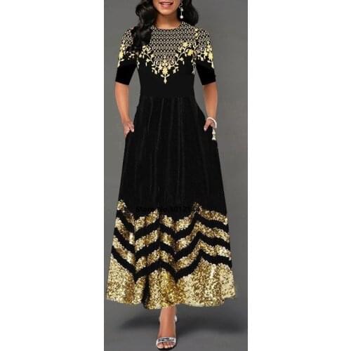 Women Scoop Neck Dress Half Sleeve female elegant vintage floral printed a line pocket Black maxi dresses robe prom dresses