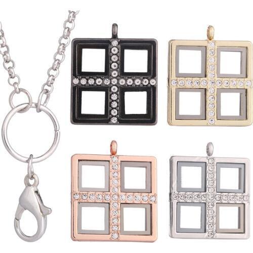 1pcs Alloy Four small squares Rhinestone Magnetic Glass Lockets Living Memory Floating Charms necklace Women with 60cm chain
