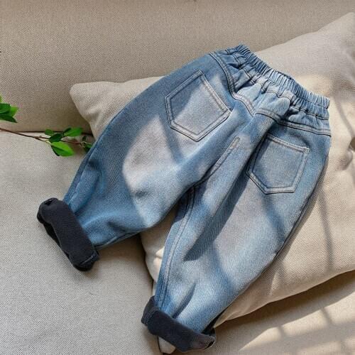 2020 Winter Kids Thicken Warm Jeans Korean Casual Loose Plus Velvet Denim Pants for Boys Girls Toddlers Pocket Denim Trousers