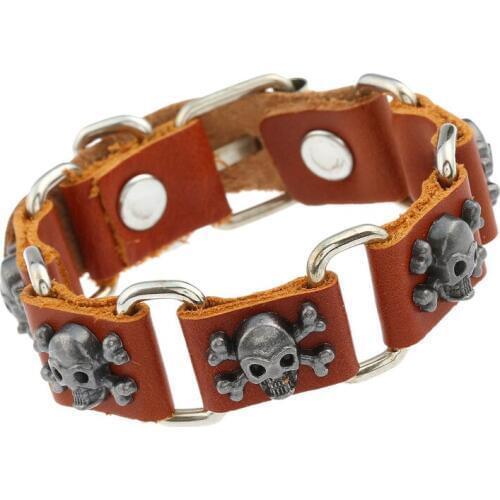 Punk Gothic Rock Handmade Genuine Leather Bracelet Vintage Skull Beads Charm Bangle Wrap Wristband for Fashion Women Men Jewelry