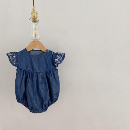 Ins 0-3Y Korean Style Summer Baby Bodysuits for Girl Cotton Denim Embroidered One-piece Rompers with Flying Sleeves for Infant