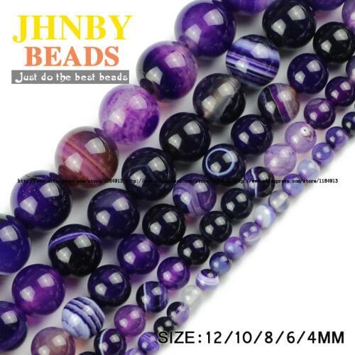 JHNBY AAA Violet Stripe banded Natural Purple carnelian Stone Onyx Round Loose beads 4/6/8/10/12MM Jewelry bracelet making DIY