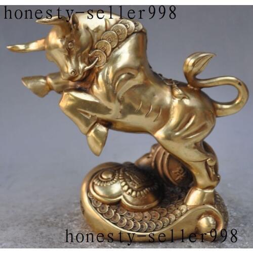 China fengshui brass wealth money coin ruyi Zodiac Ox bull Cattle Bovine statue