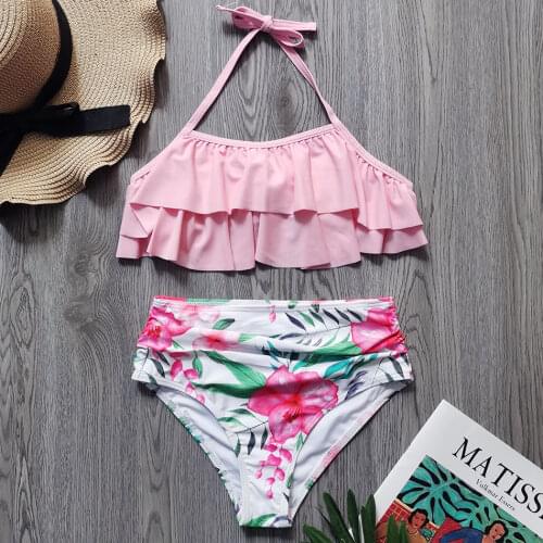 Ruffle Girl Swimsuit Kids Floral Two Piece Childrens Swimwear High Waist Girl Bikini Set Halter Top Girl Bathing Suit Beachwear