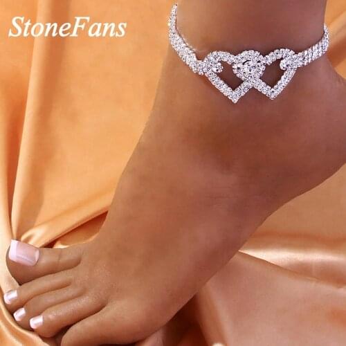 StoneFans Multi-Row Love Anklet Bracelet Wholesale for Women Bling Rhinestone Ankle Bracelet Heart Barefoot Foot Chain Sandals