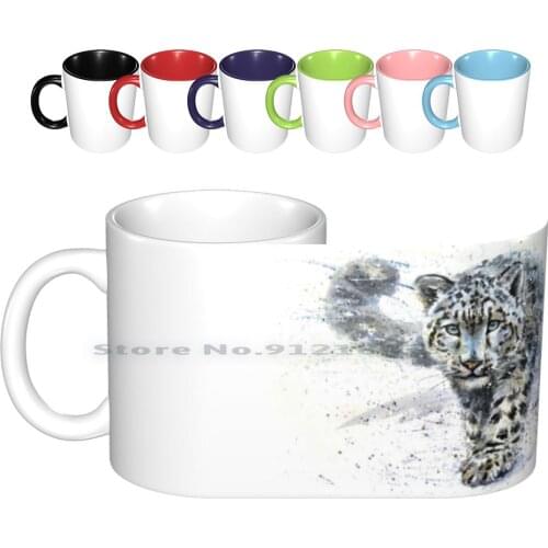 Snow Leopard Watercolor Ceramic Mugs Coffee Cups Milk Tea Mug Leopard Snow Fashion Big Kostart Cat Background Isolated