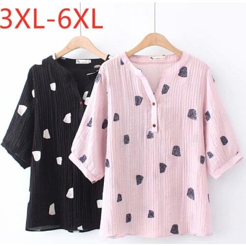 New 2021 Ladies Summer Plus Size Tops For Women Large Blouse Short Sleeve Linen Fold Pink Black Print Shirt 3XL 4XL 5XL 6XL
