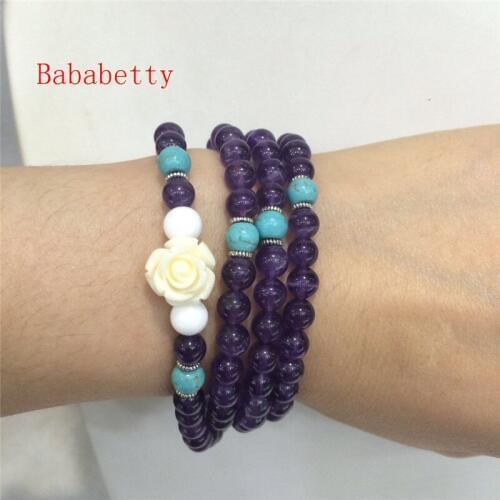 NEW Popular natural amethysts stone bracelet with four laps and white flowers