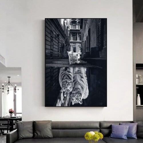 Couple Cats Reflected Tigers Canvas Painting Abstract Animals Posters and Prints Modern Wall Art Pictures for Living Room Decor