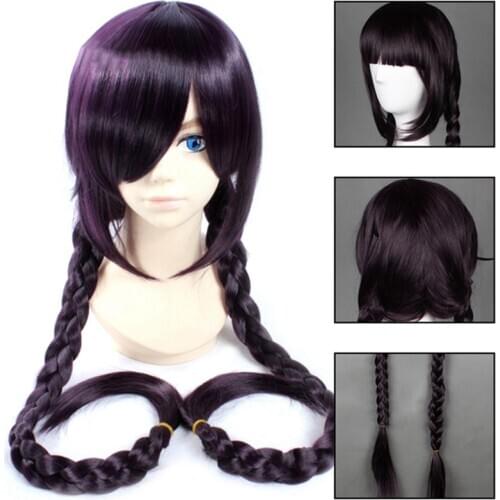 1pcs 90CM Danganronpa Dangan-Ronpa Toko Fukawa Fashion Assassin Kama Hair Long Cosplay Two Dice Braid Purple Costume Wigs