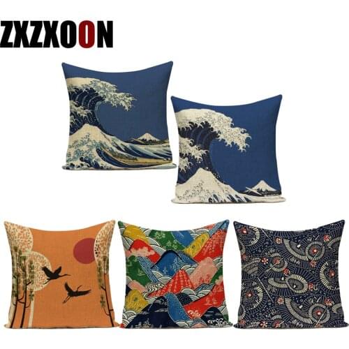 Japanese pattern fabric folding fan ukiyoe painting Fuji mountain cotton sofa cushion pillow pillow case cover for sofa home
