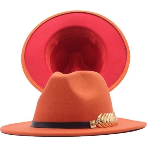 Mens Women Black Red Patchwork Wool Felt Floppy Jazz Fedora Hats Metal Fish Bone Hat Wide Brim Panama Trilby Cap