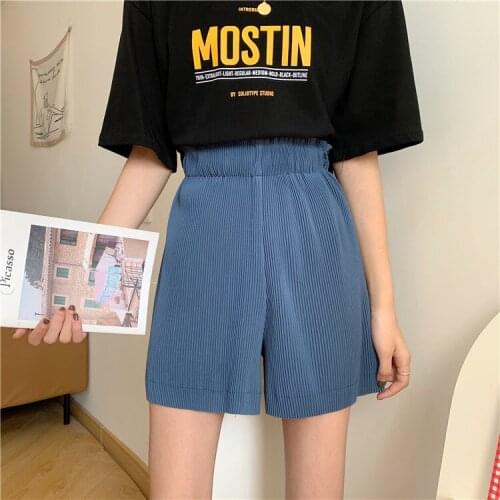 Casual Shorts Women Summer 2021 Korean Style Streetwear Cute Solid Color Elastic Waist Wide Leg Short Trousers B378