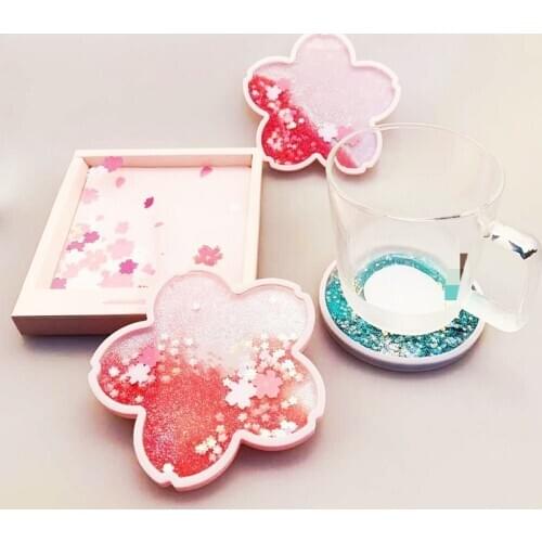 Silicone Quicksand Coasters Tableware Placement Mug Mat Insulation Cup Pad Holder Cute Cherry Blossom Home Decoration Accessory