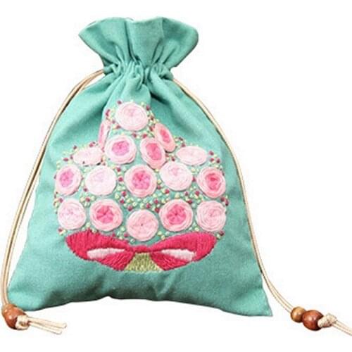 Cotton Linen Pouch Bag Embroidery Kit, Cosmetic Bag, Nursery Decor, Toy Storage Bag, Food Bag, Embroidery Gift, 22 x 17 cm (D)