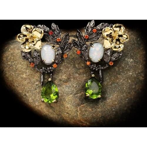 CIZEVA Bohemia Jewelry Delicate Luxury Flower Branch Zircon Drop Earrings Retro Opal Tungsten Dangle Earrings Italy Jewelry