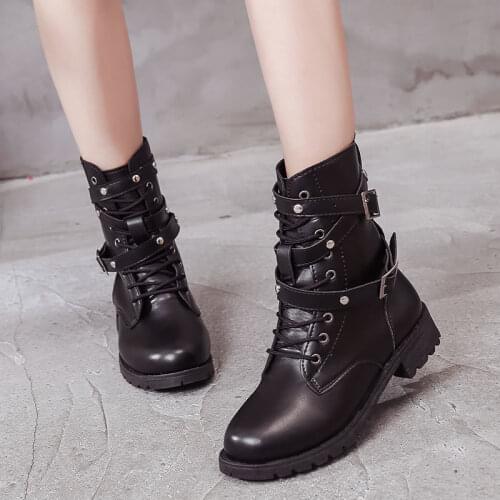 Punk style Motorcycle Boots For Women Autumn 2019 Short Velvet Buckle Combat Boots Ladies Shoes winter boots women