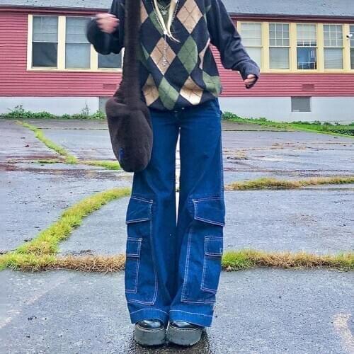 Pocket Patchwork Womens Jeans Vintage High Waist Casual Baggy Straight Pants Long Trousers Casual Streetwear Denim Pants