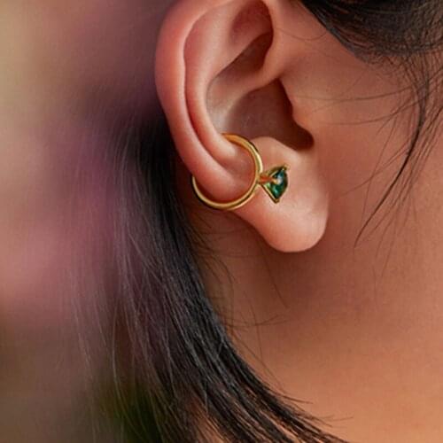 VSnow French Minimalist Green Rhinestone Clip Earring for Women Fashion Gold Metallic Open Wedding Statement Earrings Jewelry