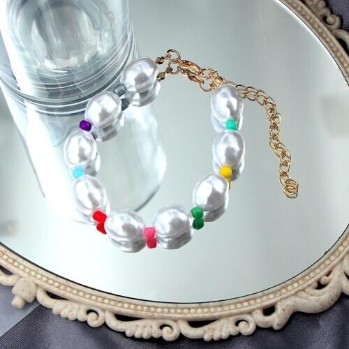 Flatfoosie Imitation Peals Bracelet for Women Candy Color Acrylic Beads Bracelet Handmade Beaded Elastic Jewelry Accessories