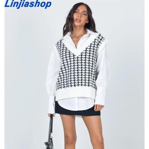 Oversized Houndstooth Knitted Vest Sweater Women Vintage Sleeveless Female Waistcoat Loose Chic Tops