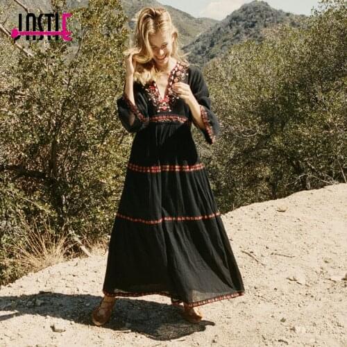 Jastie Bohemian Floral Embroidery Black Maxi Dress V-Neck Flare Sleeve Boho Long Dresses 2018 Spring Women Dress Vestidos